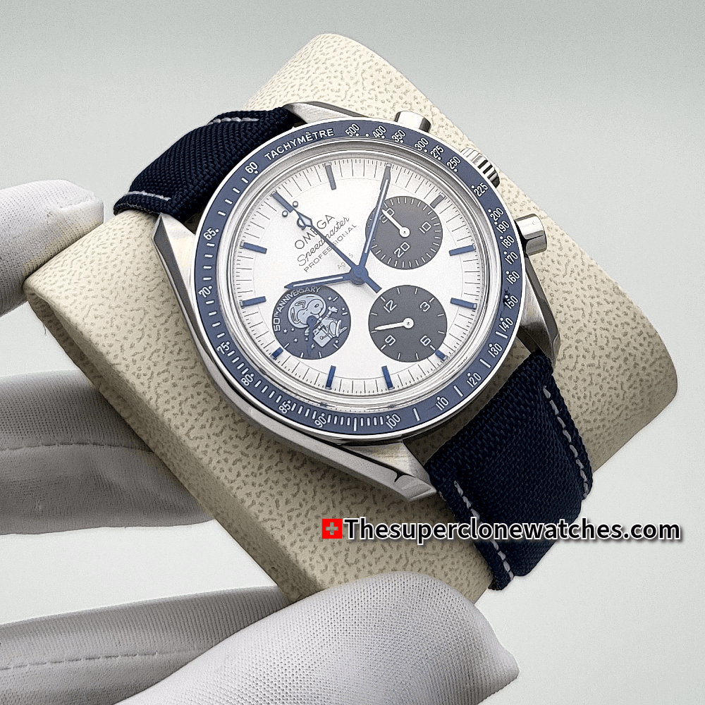 Omega Speedmaster Anniversary Series Silver Snoopy Award” 50th Anniversary 42mm Steel on Coated Nylon Fabric Strap Exact 1:1 Super Clone 3861 Swiss Movement Replica Watch