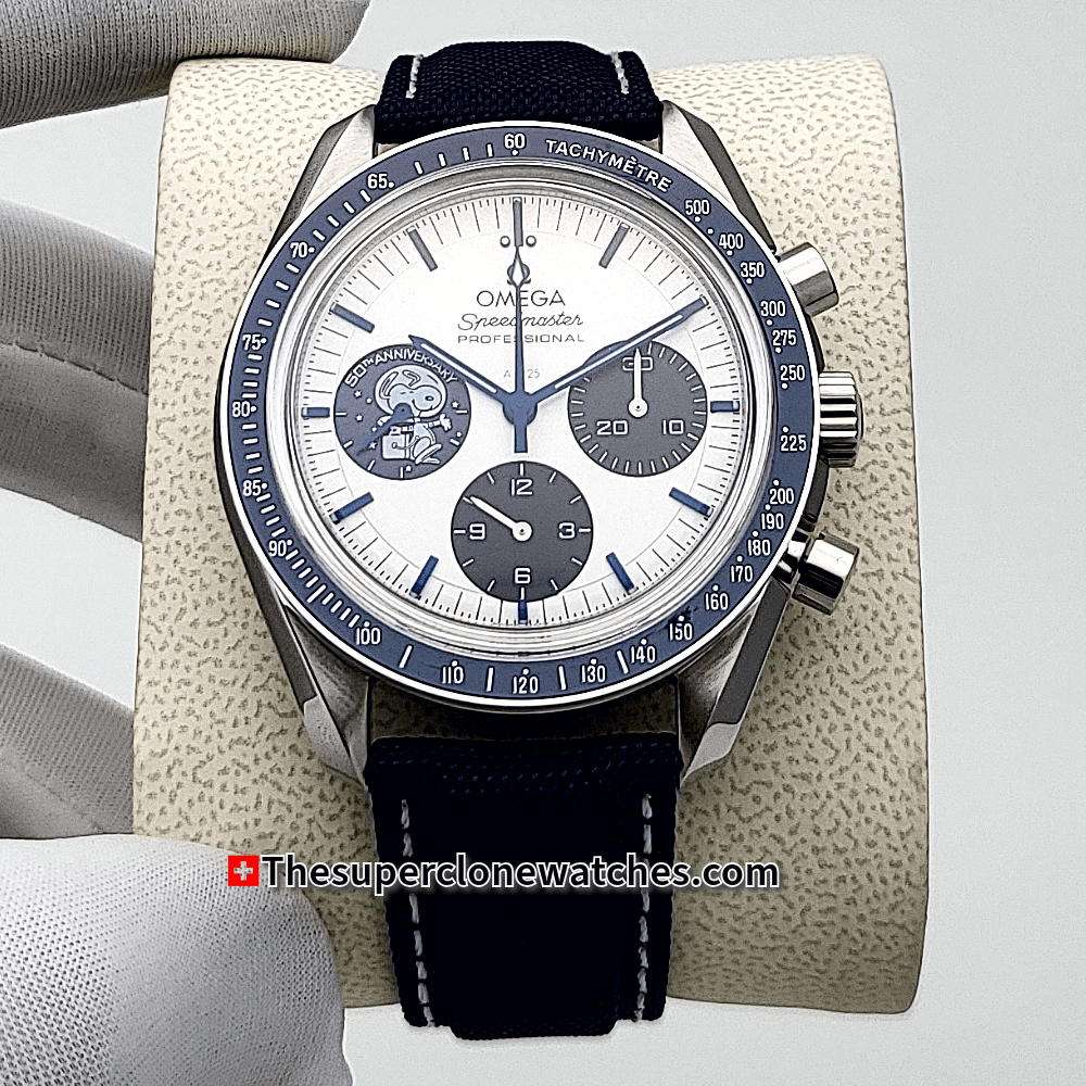 Omega Speedmaster Anniversary Series Silver Snoopy Award” 50th Anniversary 42mm Steel on Coated Nylon Fabric Strap Exact 1:1 Super Clone 3861 Swiss Movement Replica Watch