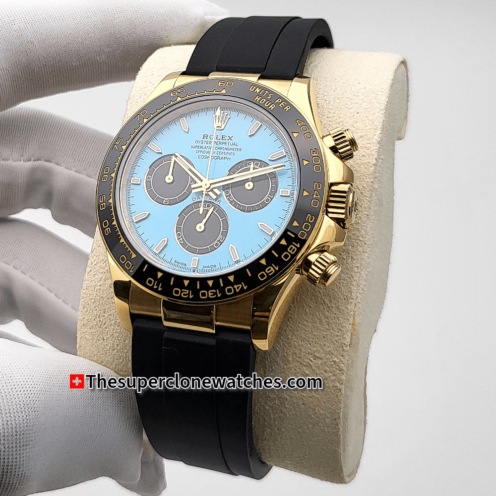 Rolex Cosmograph Daytona 18kt Yellow Gold Oysterflex Turquoise Blue and Black Dial Exact 1:1 Super Clone 4131 Swiss Movement Replica Watch Ref-126518LN