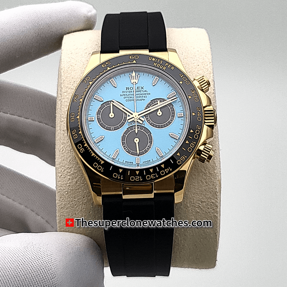 Rolex Cosmograph Daytona 18kt Yellow Gold Oysterflex Turquoise Blue and Black Dial Exact 1:1 Super Clone 4131 Swiss Movement Replica Watch Ref-126518LN