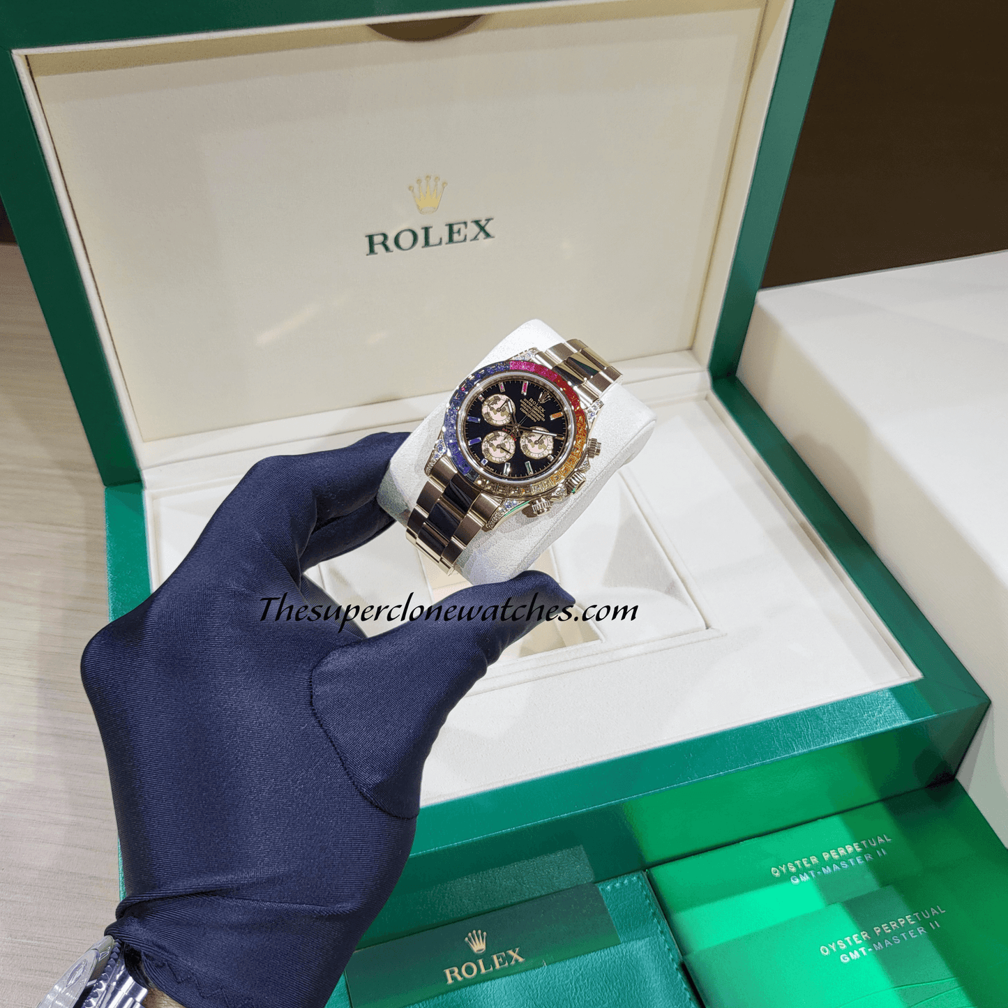 Rolex Cosmograph Daytona Rainbow Everose Gold Black Dial Exact 1:1 Super Clone 4130 Swiss Movement Replica Watch Ref-116595RBOW