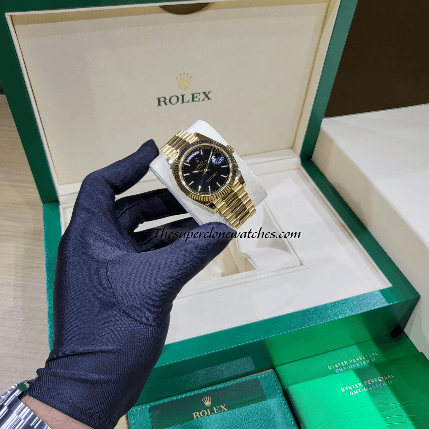 Rolex Day-Date 18kt Yellow Gold Bright Black Dial Exact 1:1 Super Clone 3255 Swiss Movement Replica Watch Ref-228238