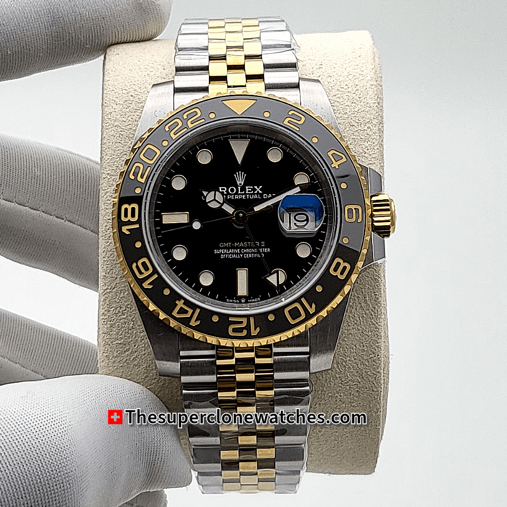 Rolex GMT Master II Oystersteel and Yellow Gold Black Dial 40mm Exact 1:1 Super Clone 3285 Swiss Movement Replica Watch Ref-126713GRNR