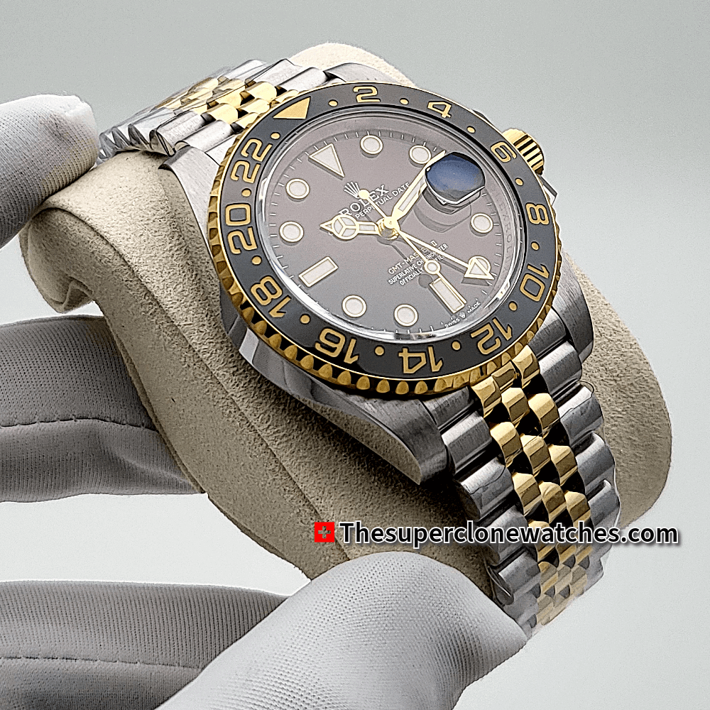Rolex GMT Master II Oystersteel and Yellow Gold Black Dial 40mm Exact 1:1 Super Clone 3285 Swiss Movement Replica Watch Ref-126713GRNR
