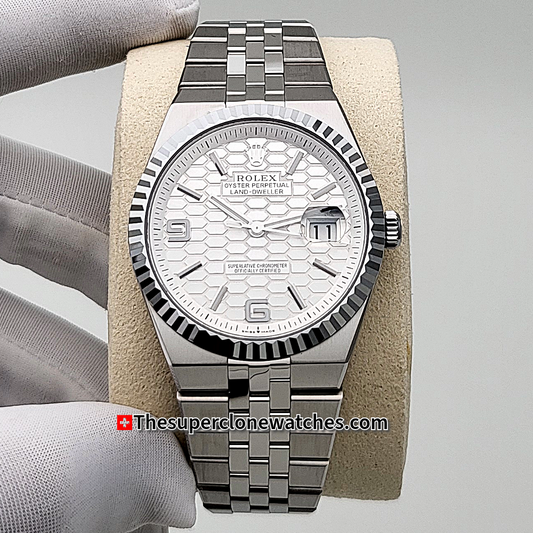 Rolex Land-Dweller 40mm Oystersteel and White Gold Intense White Honeycomb Motif Dial Exact 1:1 Super Clone 7135 Swiss Movement Replica Watch Ref-127334