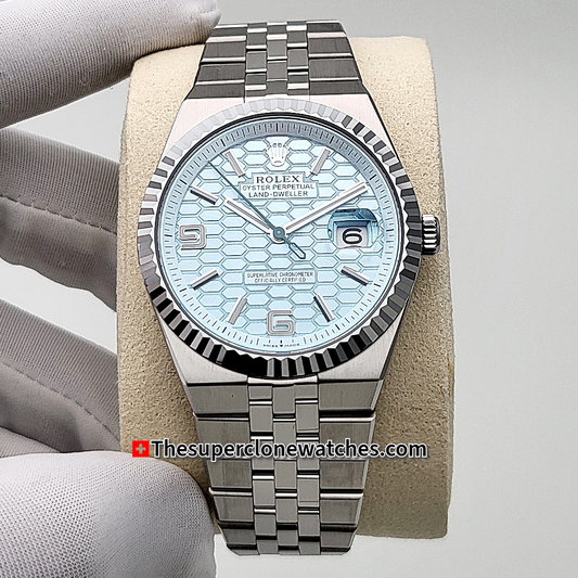 Rolex Land-Dweller 40mm Platinum Ice Blue Honeycomb Motif Dial Exact 1:1 Super Clone 7135 Swiss Movement Replica Watch Ref-127336