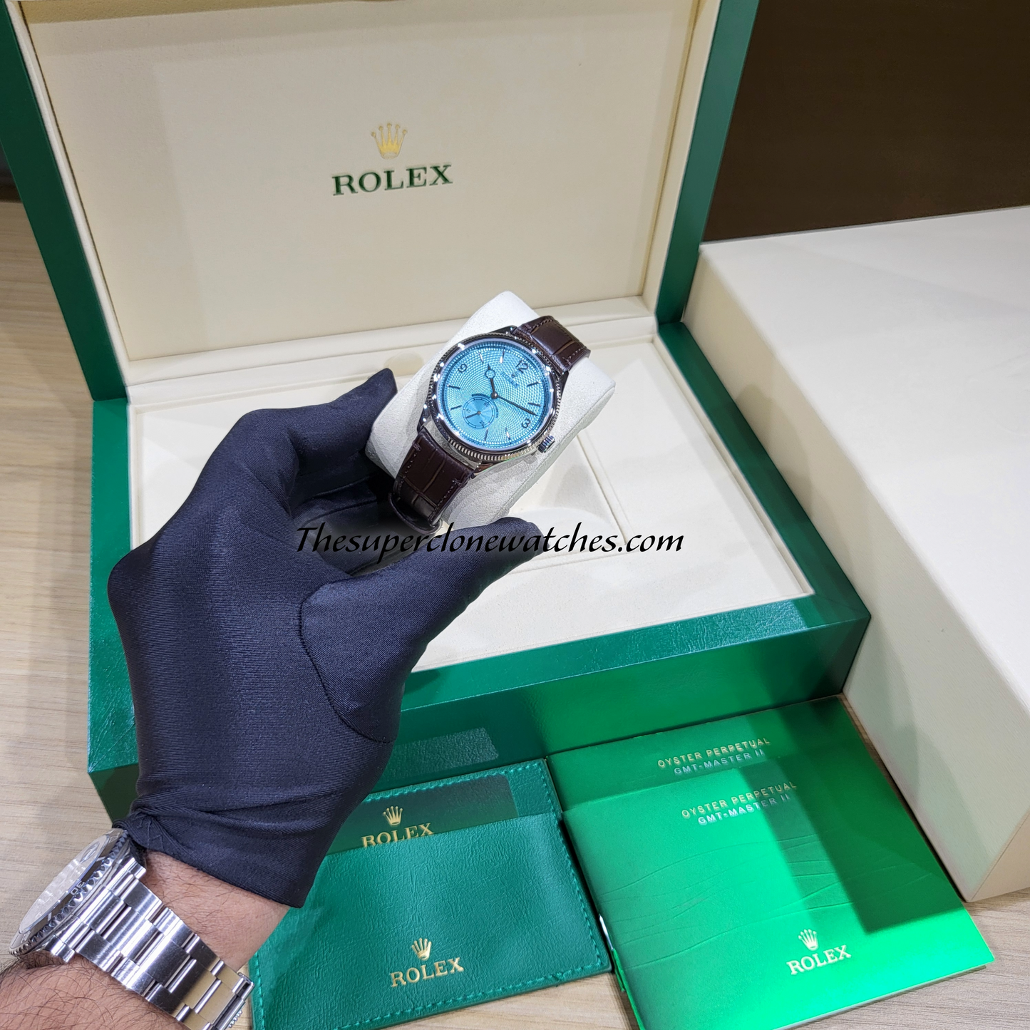 Rolex 1908 Platinum Ice Blue Dial Alligator Strap Exact 1:1 Super Clone 7140 Swiss Movement Replica Watch Ref-52506