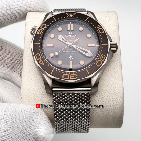 Omega Seamaster Diver 300M James Bond 007 Edition No Time to Die Titanium On Titanium Brown Dial Exact 1:1 Super Clone 8806 Swiss Movement Replica Watch + Nato Strap