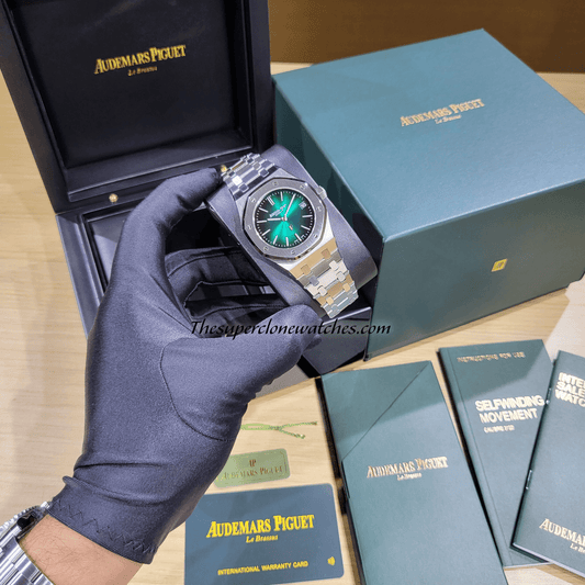 Audemars Piguet Royal Oak Jumbo Extra-Thin Platinum Smoked Green Dial Exact 1:1 Super Clone 2121 Swiss Movement Replica Watch