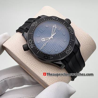 Omega Seamaster Diver 300M Black Ceramic On Rubber Strap Black Dial Exact 1:1 Super Clone 8806 Swiss Movement Replica Watch