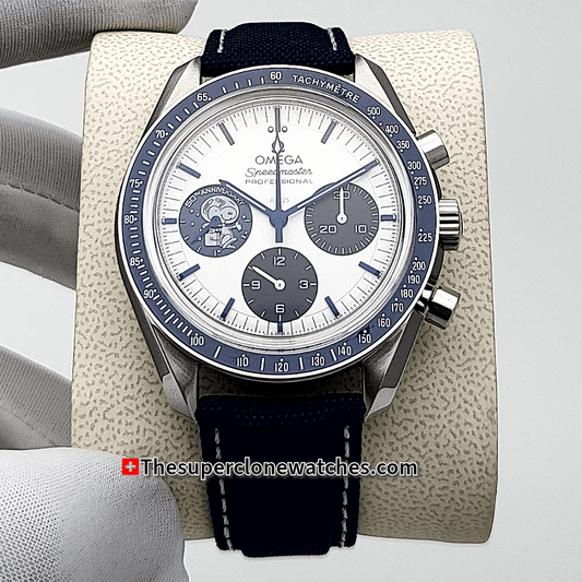 Omega Speedmaster Anniversary Series Silver Snoopy Award” 50th Anniversary 42mm Steel on Coated Nylon Fabric Strap Exact 1:1 Super Clone 3861 Swiss Movement Replica Watch