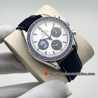 Omega Speedmaster Anniversary Series Silver Snoopy Award” 50th Anniversary 42mm Steel on Coated Nylon Fabric Strap Exact 1:1 Super Clone 3861 Swiss Movement Replica Watch