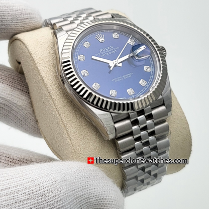 Rolex Datejust Oystersteel and White Gold Bright Blue with Diamonds Set Dial Exact 1:1 Super Clone 3235 Swiss Movement Replica Watch