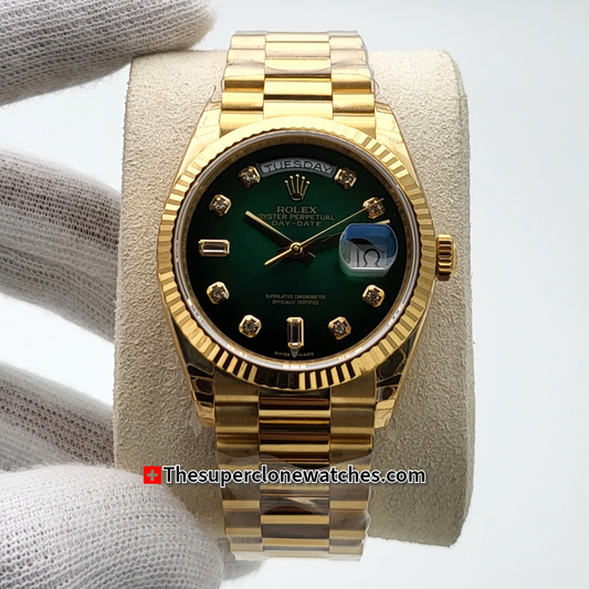 Rolex Day-Date 18kt Yellow Gold Green Ombre with Diamonds Set Dial Exact 1:1 Super Clone 3255 Swiss Movement Replica Watch