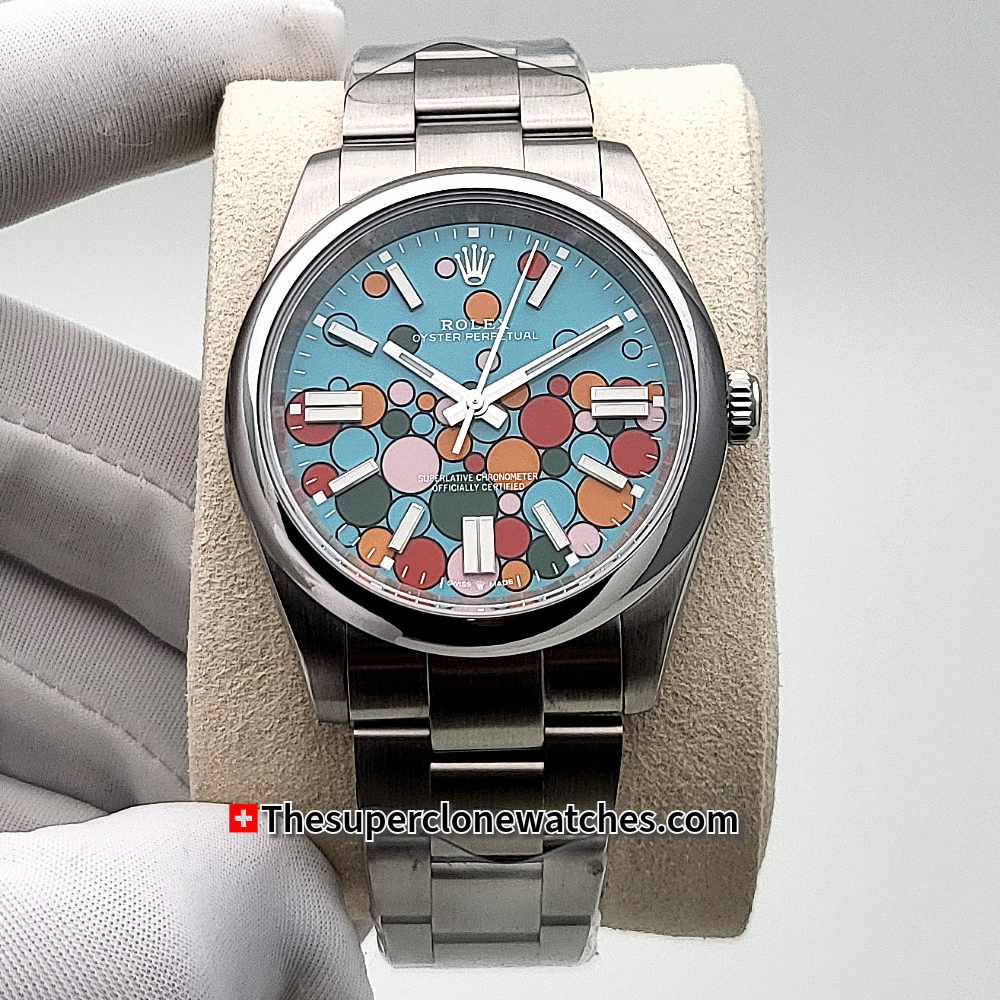 Rolex Oyster Perpetual Turquoise Blue Celebration Motif Dial Exact 1:1 Super Clone 3230 Swiss Movement Replica Watch Ref-134300