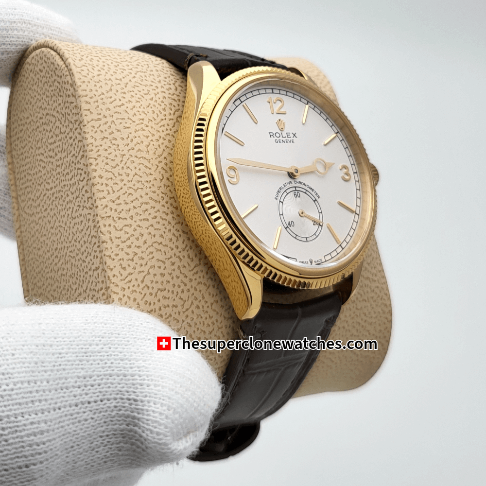 Rolex 1908 18kt Yellow Gold Intense White Dial Alligator Strap Exact 1:1 Super Clone 7140 Swiss Movement Replica Watch Ref-52508