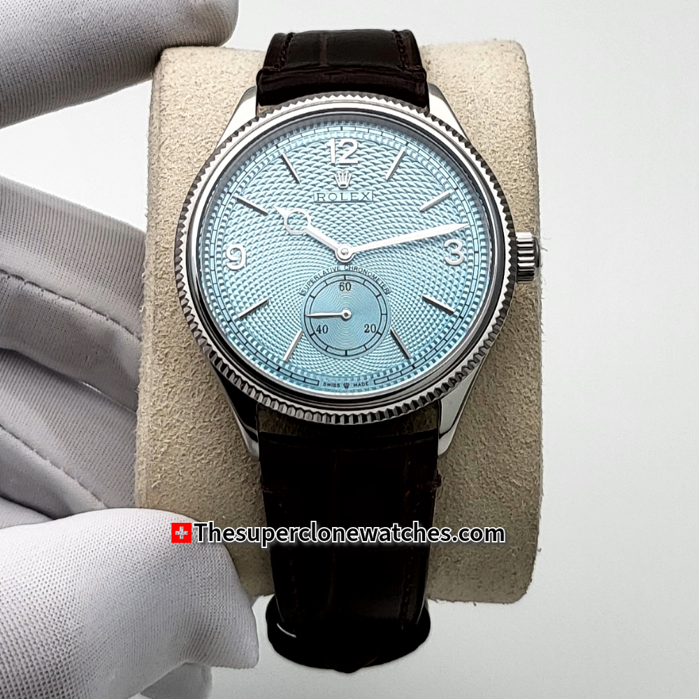 Rolex 1908 Platinum Ice Blue Dial Alligator Strap Exact 1:1 Super Clone 7140 Swiss Movement Replica Watch Ref-52506