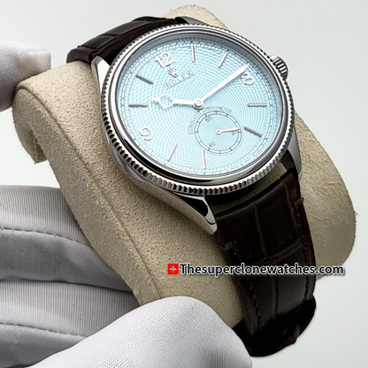 Rolex 1908 Platinum Ice Blue Dial Alligator Strap Exact 1:1 Super Clone 7140 Swiss Movement Replica Watch Ref-52506