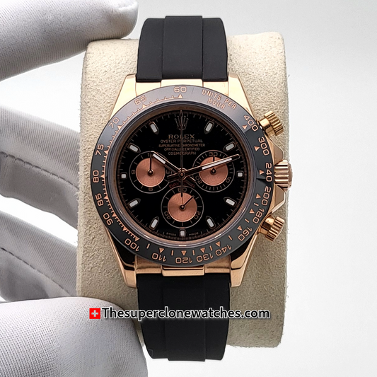 Rolex Cosmograph Daytona 18kt Everose Gold Oysterflex Black Dial Exact 1:1 Super Clone 4130 Swiss Movement Replica Watch Ref-116515LN