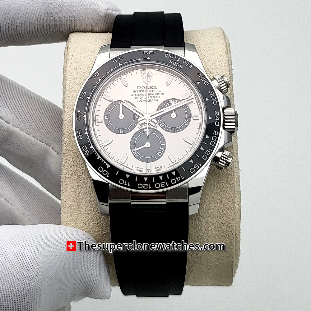 Rolex Cosmograph Daytona 18kt White Gold Oysterflex Steel Dial Exact 1:1 Super Clone 4131 Swiss Movement Replica Watch Ref-126519LN
