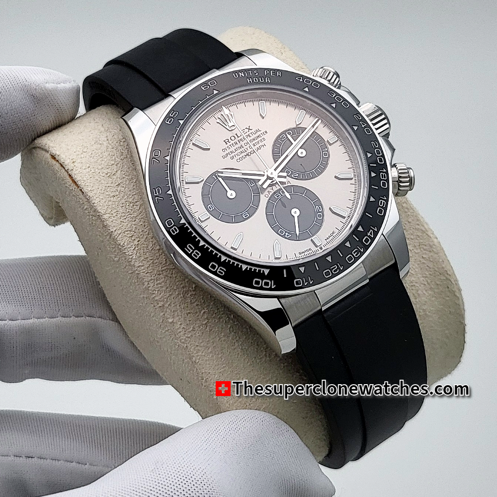 Rolex Cosmograph Daytona 18kt White Gold Oysterflex Steel Dial Exact 1:1 Super Clone 4131 Swiss Movement Replica Watch Ref-126519LN
