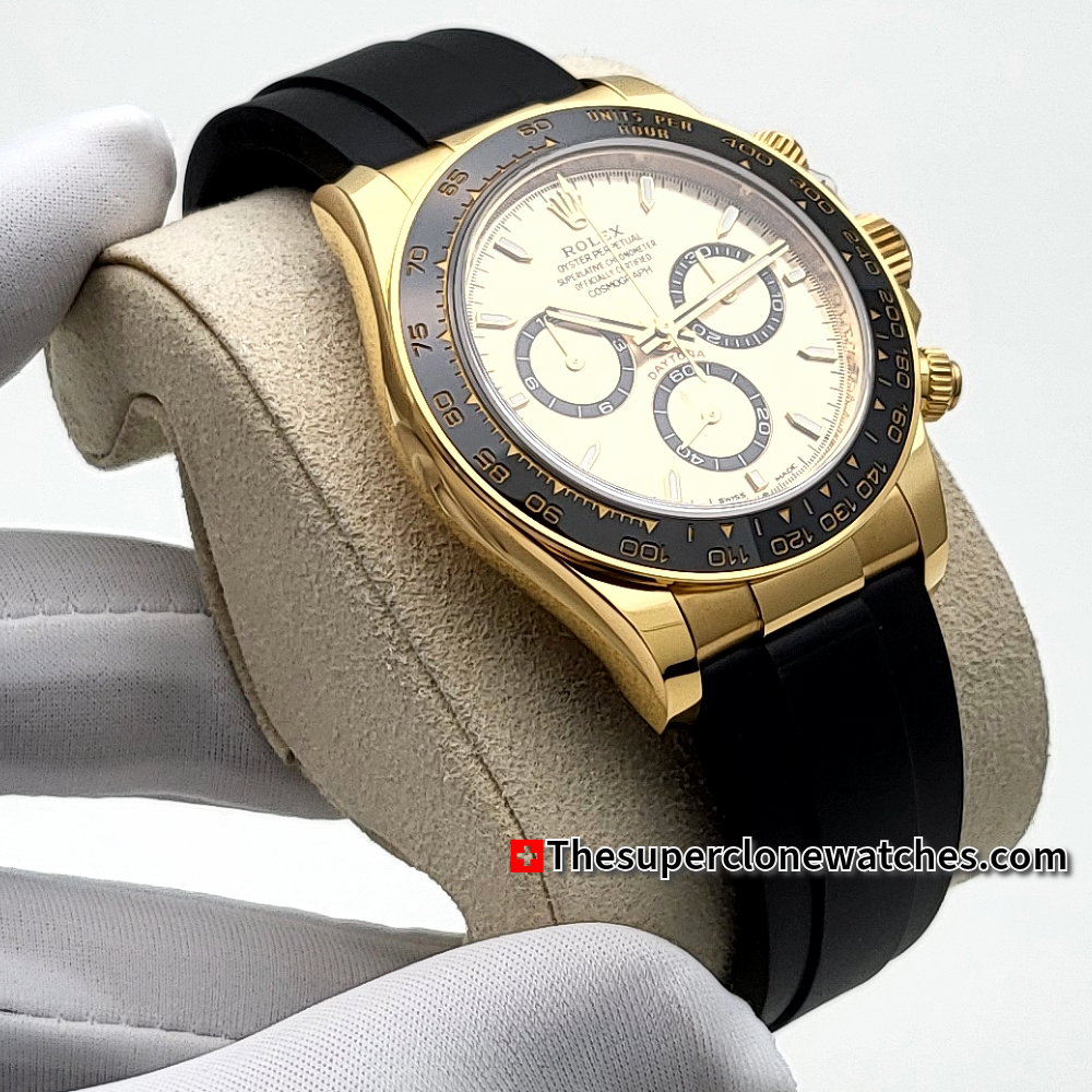 Rolex Cosmograph Daytona 18kt Yellow Gold Oysterflex Golden Dial Exact 1:1 Super Clone 4131 Swiss Movement Replica Watch Ref-126518LN