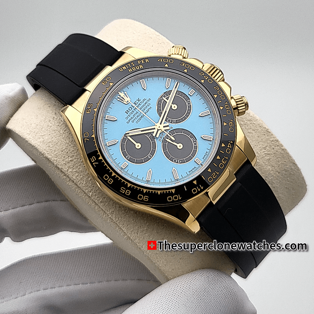 Rolex Cosmograph Daytona 18kt Yellow Gold Oysterflex Turquoise Blue and Black Dial Exact 1:1 Super Clone 4131 Swiss Movement Replica Watch Ref-126518LN