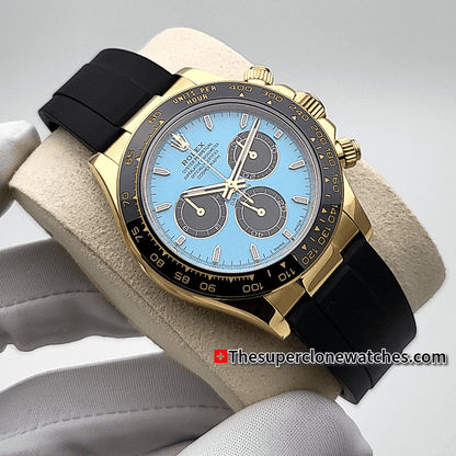 Rolex Cosmograph Daytona 18kt Yellow Gold Oysterflex Turquoise Blue and Black Dial Exact 1:1 Super Clone 4131 Swiss Movement Replica Watch Ref-126518LN