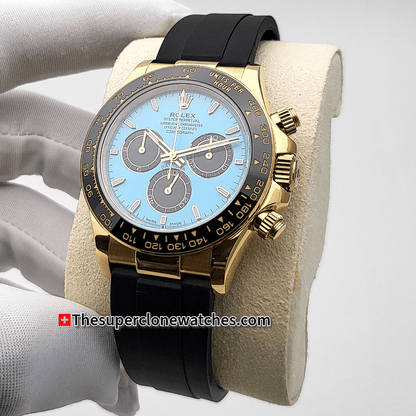 Rolex Cosmograph Daytona 18kt Yellow Gold Oysterflex Turquoise Blue and Black Dial Exact 1:1 Super Clone 4131 Swiss Movement Replica Watch Ref-126518LN