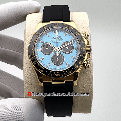 Rolex Cosmograph Daytona 18kt Yellow Gold Oysterflex Turquoise Blue and Black Dial Exact 1:1 Super Clone 4131 Swiss Movement Replica Watch Ref-126518LN