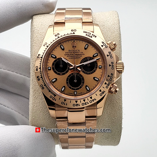 Rolex Cosmograph Daytona Everose Gold Sundust Dial Exact 1:1 Super Clone 4130 Swiss Movement Replica Watch Ref-116505