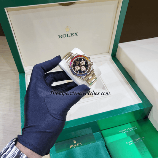 Rolex Cosmograph Daytona Rainbow Everose Gold Black Dial Exact 1:1 Super Clone 4130 Swiss Movement Replica Watch Ref-116595RBOW