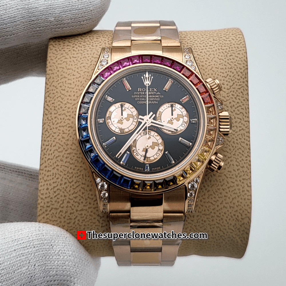 Rolex Cosmograph Daytona Rainbow Everose Gold Black Dial Exact 1:1 Super Clone 4130 Swiss Movement Replica Watch Ref-116595RBOW