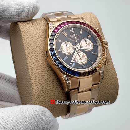 Rolex Cosmograph Daytona Rainbow Everose Gold Black Dial Exact 1:1 Super Clone 4130 Swiss Movement Replica Watch Ref-116595RBOW