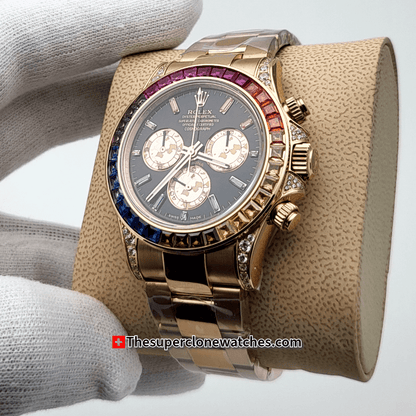 Rolex Cosmograph Daytona Rainbow Everose Gold Black Dial Exact 1:1 Super Clone 4130 Swiss Movement Replica Watch Ref-116595RBOW