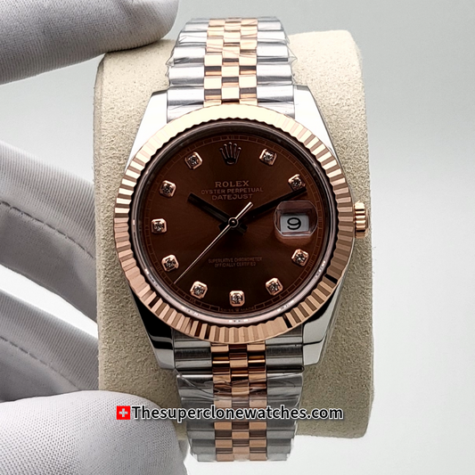 Rolex Datejust Oystersteel and Everose Gold Chocolate with Diamonds Set Dial Exact 1:1 Super Clone 3235 Swiss Movement Replica Watch Ref-126331