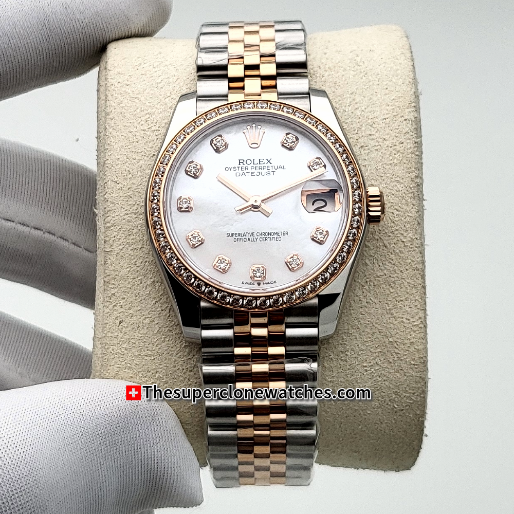 Rolex Datejust Oystersteel and Everose Gold Diamonds Set White Mother-of-Pearl Dial 31mm Exact 1:1 Super Clone 2236 Swiss Movement Replica Watch Ref-278381RBR