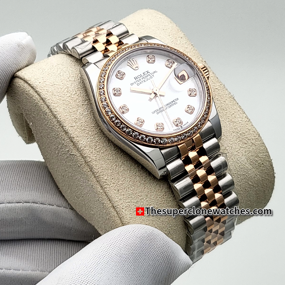 Rolex Datejust Oystersteel and Everose Gold Diamonds Set White Mother-of-Pearl Dial 31mm Exact 1:1 Super Clone 2236 Swiss Movement Replica Watch Ref-278381RBR