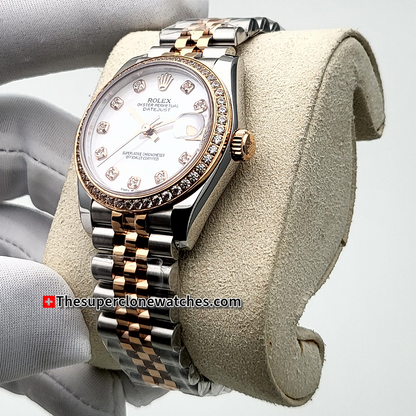 Rolex Datejust Oystersteel and Everose Gold Diamonds Set White Mother-of-Pearl Dial 31mm Exact 1:1 Super Clone 2236 Swiss Movement Replica Watch Ref-278381RBR