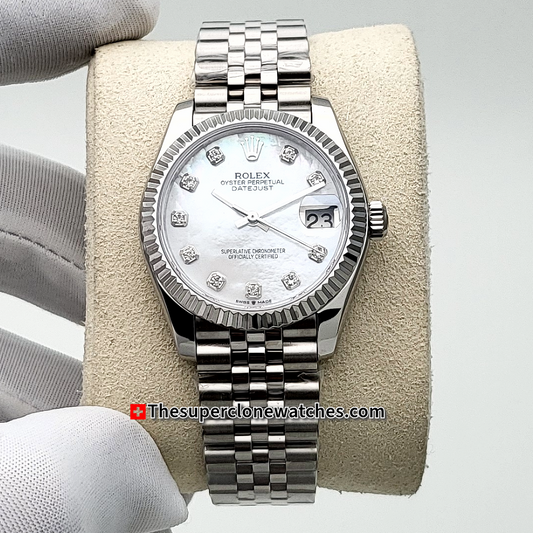 Rolex Datejust Oystersteel and White Gold Diamonds Set White Mother-of-Pearl Dial 31mm Exact 1:1 Super Clone 2236 Swiss Movement Replica Watch Ref-278274