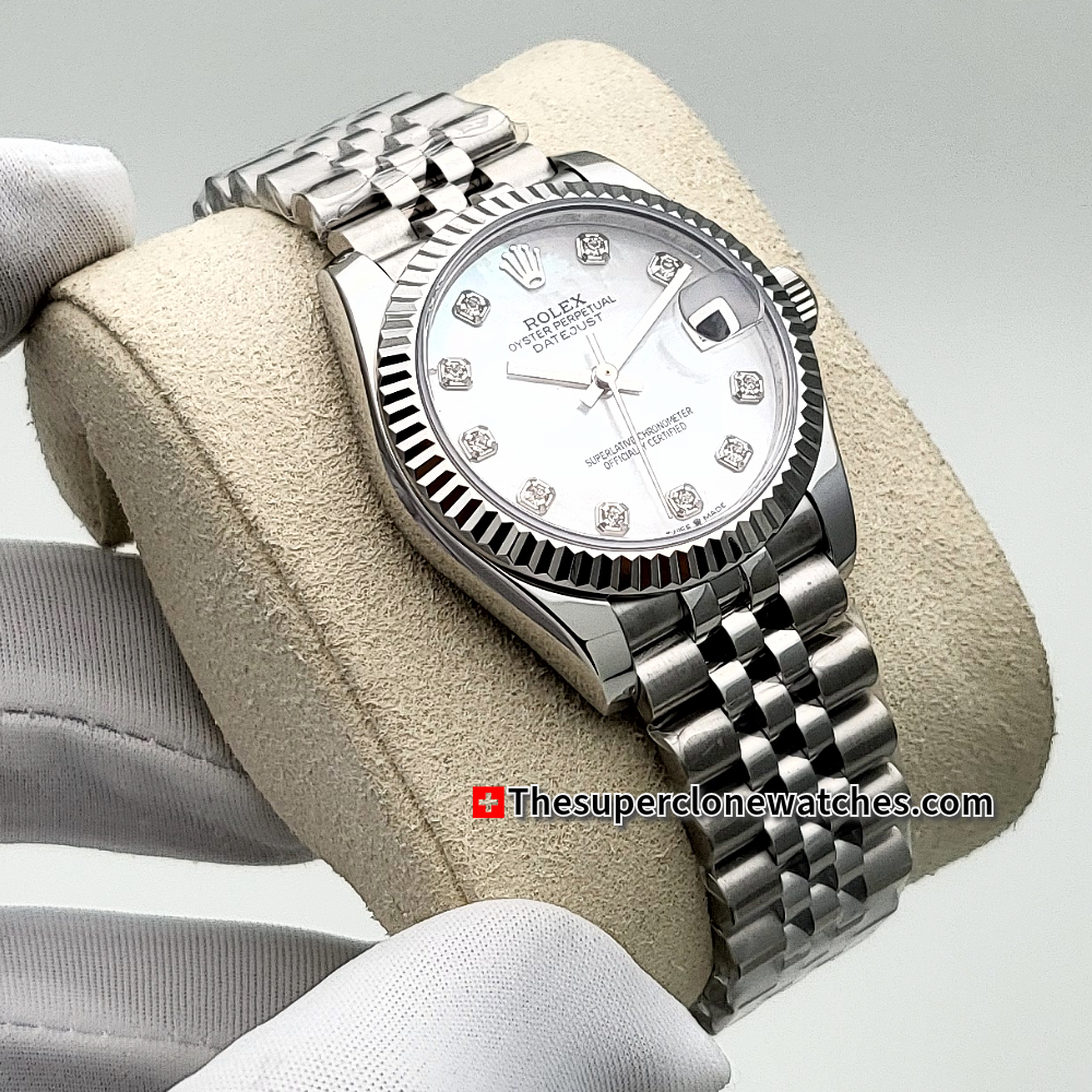 Rolex Datejust Oystersteel and White Gold Diamonds Set White Mother-of-Pearl Dial 31mm Exact 1:1 Super Clone 2236 Swiss Movement Replica Watch Ref-278274