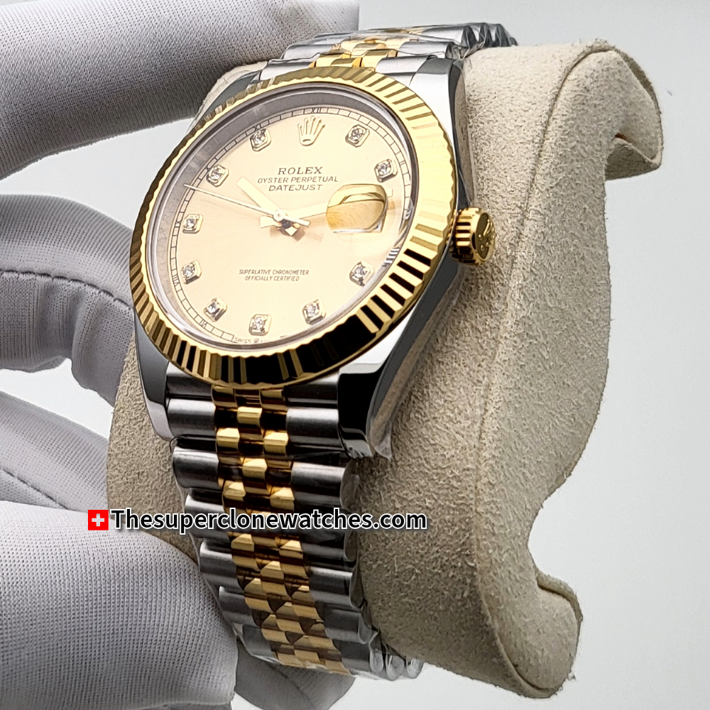 Rolex Datejust Oystersteel and Yellow Gold Champagne-Colour with Diamonds Set Dial Exact 1:1 Super Clone 3235 Swiss Movement Replica Watch Ref-26333