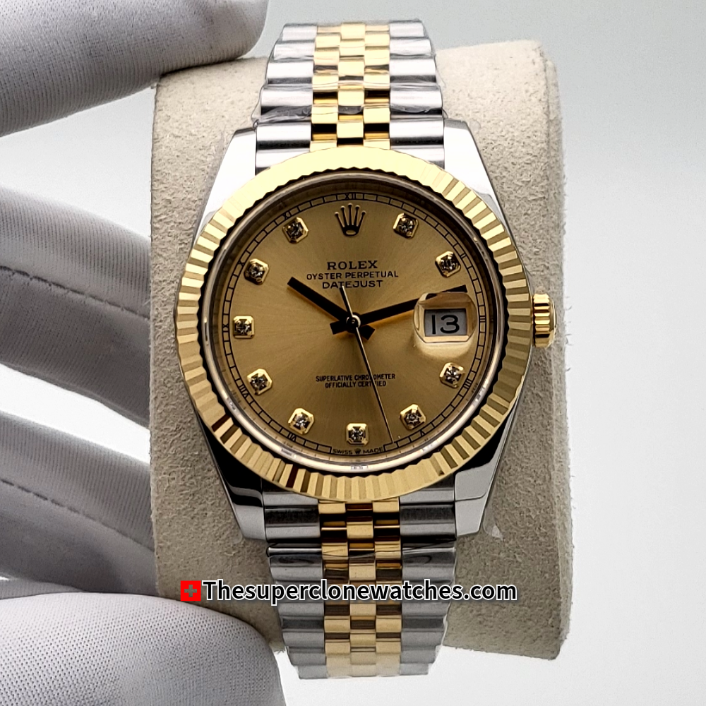 Rolex Datejust Oystersteel and Yellow Gold Champagne-Colour with Diamonds Set Dial Exact 1:1 Super Clone 3235 Swiss Movement Replica Watch Ref-26333