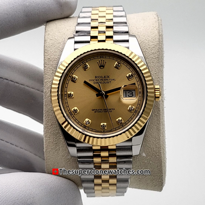 Rolex Datejust Oystersteel and Yellow Gold Champagne-Colour with Diamonds Set Dial Exact 1:1 Super Clone 3235 Swiss Movement Replica Watch Ref-26333