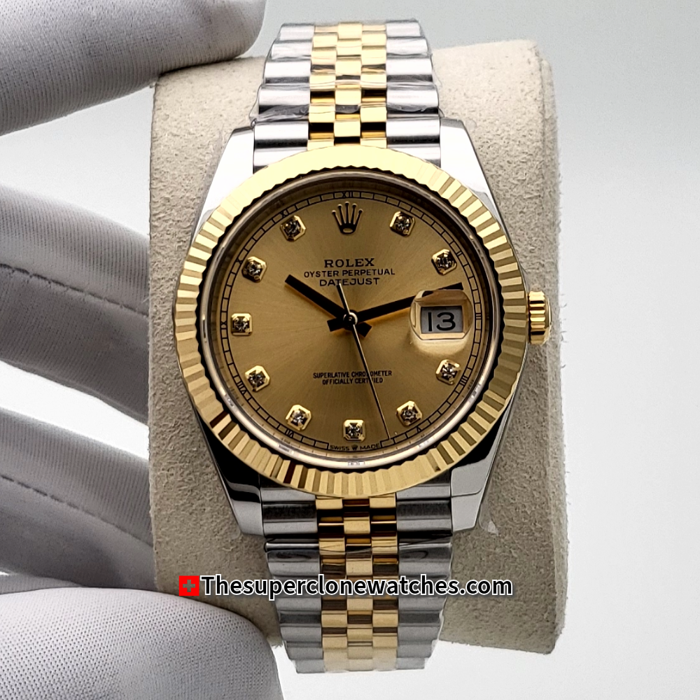 Rolex Datejust Oystersteel and Yellow Gold Champagne-Colour with Diamonds Set Dial Exact 1:1 Super Clone 3235 Swiss Movement Replica Watch Ref-126333