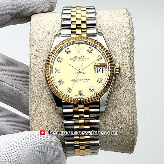 Rolex Datejust Oystersteel and Yellow Gold Diamonds Set Champagne-Colour Dial 31mm Exact 1:1 Super Clone 2236 Swiss Movement Replica Watch Ref-278273