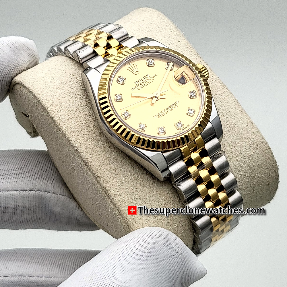 Rolex Datejust Oystersteel and Yellow Gold Diamonds Set Champagne-Colour Dial 31mm Exact 1:1 Super Clone 2236 Swiss Movement Replica Watch Ref-278273