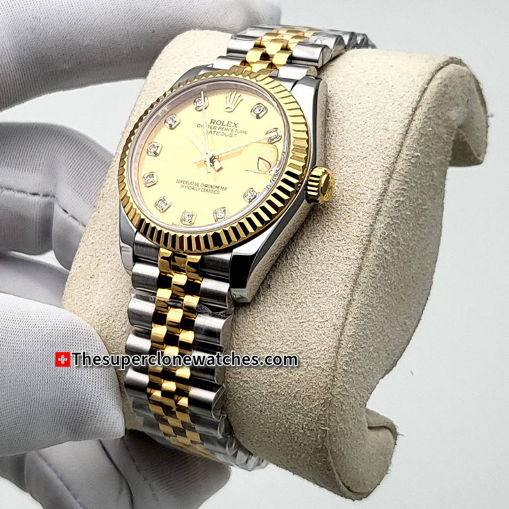 Rolex Datejust Oystersteel and Yellow Gold Diamonds Set Champagne-Colour Dial 31mm Exact 1:1 Super Clone 2236 Swiss Movement Replica Watch Ref-278273