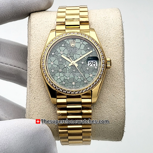 Rolex Datejust Yellow Gold Diamonds Set Floral Motif Olive Green Dial 31mm Exact 1:1 Super Clone 2236 Swiss Movement Replica Watch Ref-278288RBR