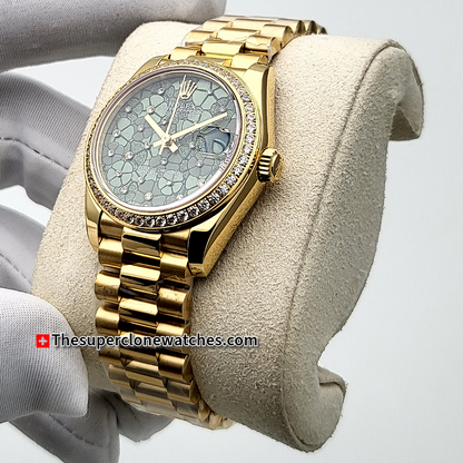 Rolex Datejust Yellow Gold Diamonds Set Floral Motif Olive Green Dial 31mm Exact 1:1 Super Clone 2236 Swiss Movement Replica Watch Ref-278288RBR